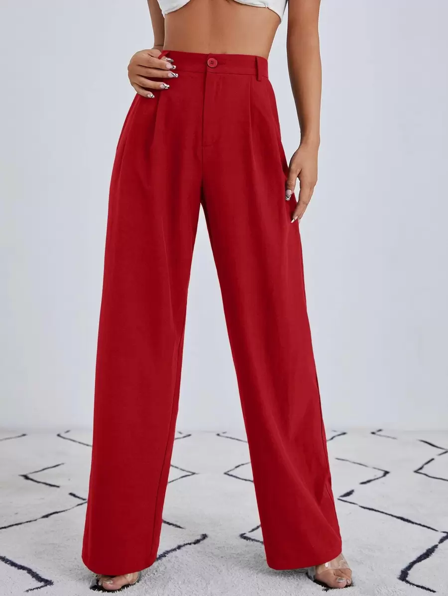 SHEIN Essnce Solid Zip Up Straight Leg Pants In Fall/Winter - Red - View 1