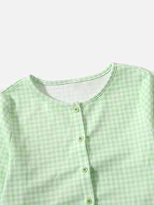 SHEIN Tops con gái Nút phía trước Kẻ sọc Giải trí - Màu xanh Bạc hà - Xem 4