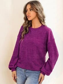 SHEIN Essnce Solid Drop Shoulder Pullover,Long Sleeve Tops - Purple - View 4