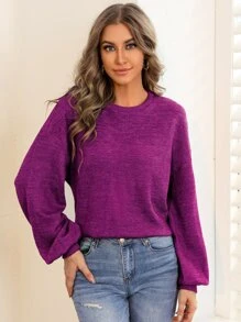 SHEIN Essnce Solid Drop Shoulder Pullover,Long Sleeve Tops - Purple - View 5