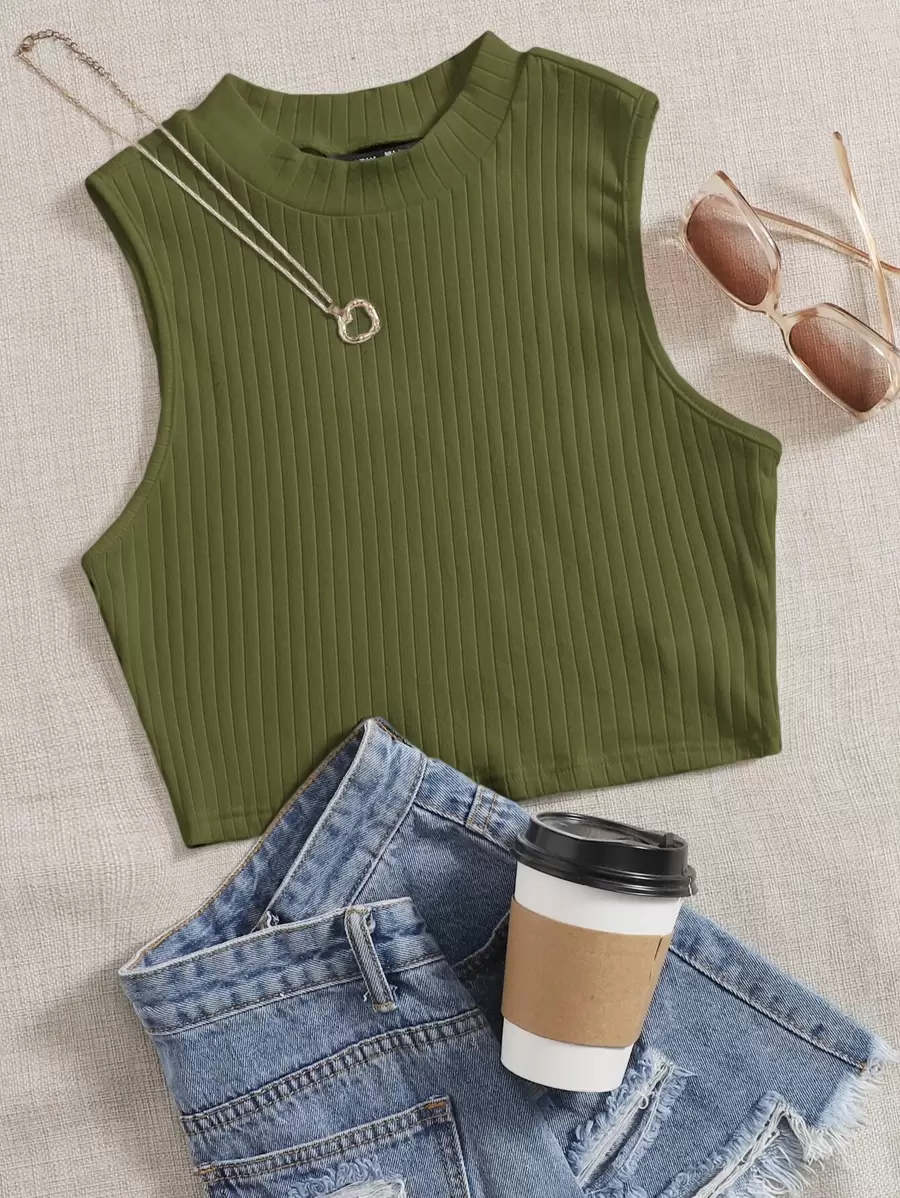 SHEIN EZwear 素色羅紋針織背心上衣 - 軍綠色 - 查看 1