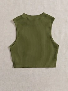 SHEIN EZwear 素色羅紋針織背心上衣 - 軍綠色 - 查看 2