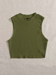 SHEIN EZwear 素色羅紋針織背心上衣 - 軍綠色 - 查看 3