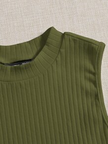 SHEIN EZwear 素色羅紋針織背心上衣 - 軍綠色 - 查看 4