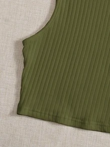 SHEIN EZwear 素色羅紋針織背心上衣 - 軍綠色 - 查看 5