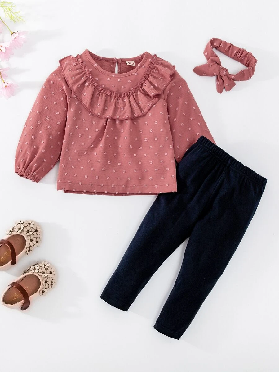 嬰兒圓點荷葉邊上衣和緊身打底褲和髮箍