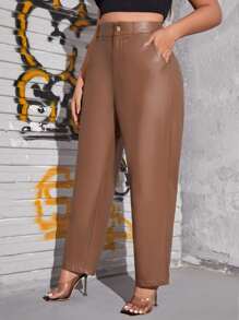 Quần Plus Size Nút Túi Dây kéo màu trơn Thanh lịch - Màu nâu Sô-cô-la - Xem 1