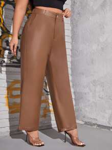 Quần Plus Size Nút Túi Dây kéo màu trơn Thanh lịch - Màu nâu Sô-cô-la - Xem 3