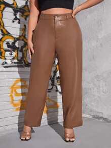 Quần Plus Size Nút Túi Dây kéo màu trơn Thanh lịch - Màu nâu Sô-cô-la - Xem 5