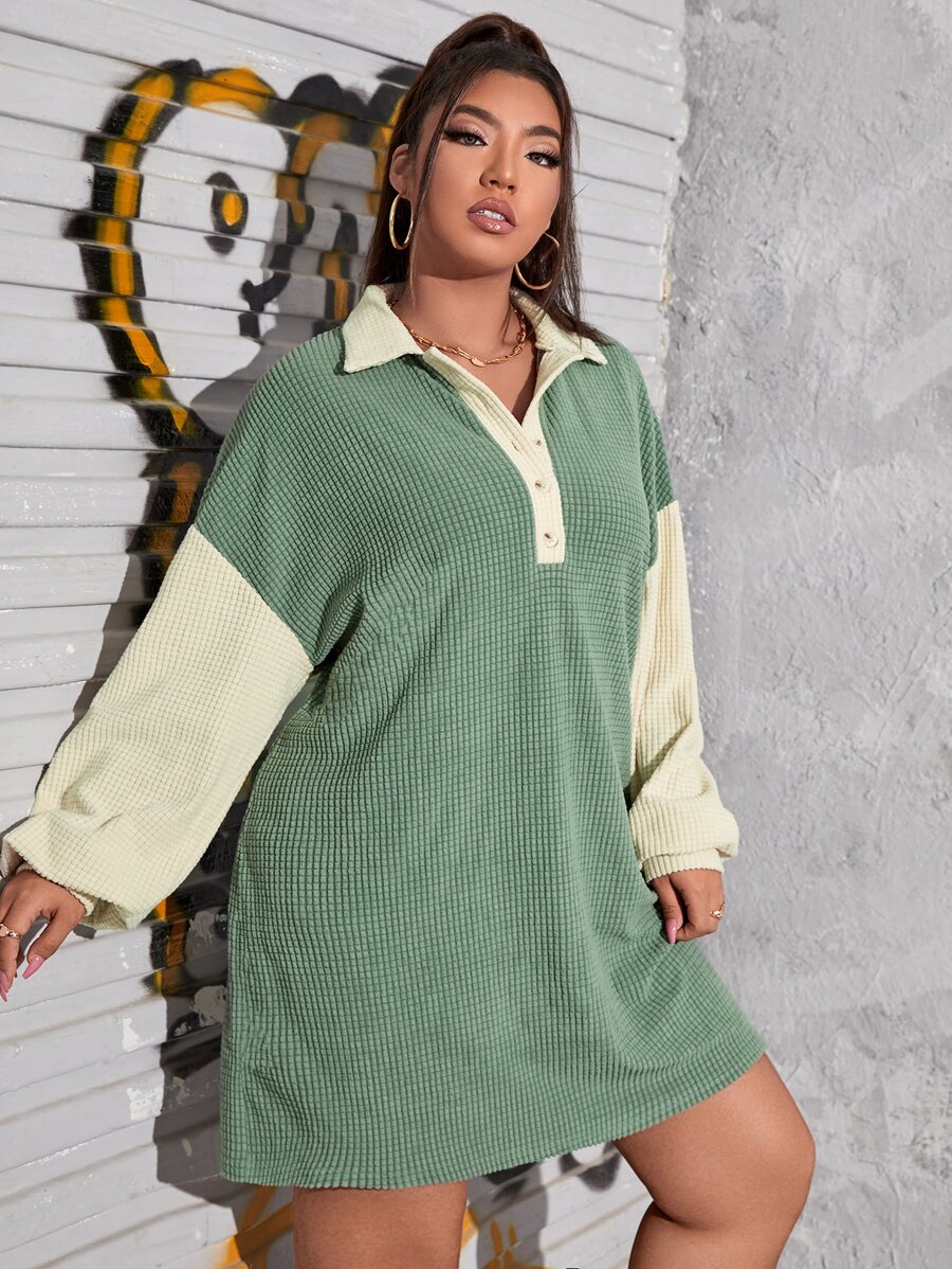 Flirla Plus Polo Neck Drop Shoulder Two Tone Dress - Multicolor - View 1