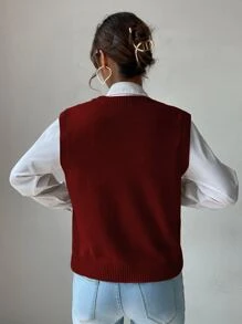 SHEIN Unity V Neck Cable Knit Sweater Vest - Burgundy - View 2