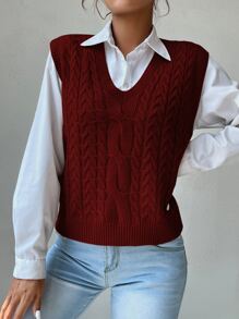 SHEIN Unity V Neck Cable Knit Sweater Vest - Burgundy - View 3