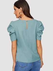 SHEIN Clasi Áo sơ mi nữ Nút màu trơn Thanh lịch - Màu xanh bụi bặm - Xem 2