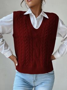 SHEIN Unity V Neck Cable Knit Sweater Vest - Burgundy - View 4