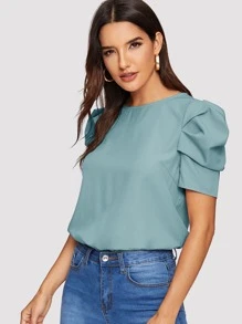 SHEIN Clasi Áo sơ mi nữ Nút màu trơn Thanh lịch - Màu xanh bụi bặm - Xem 3