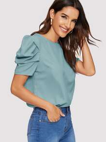 SHEIN Clasi Áo sơ mi nữ Nút màu trơn Thanh lịch - Màu xanh bụi bặm - Xem 4