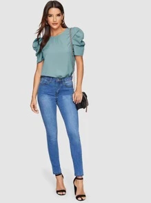 SHEIN Clasi Áo sơ mi nữ Nút màu trơn Thanh lịch - Màu xanh bụi bặm - Xem 5