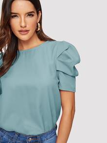 SHEIN Clasi Áo sơ mi nữ Nút màu trơn Thanh lịch - Màu xanh bụi bặm - Xem 6