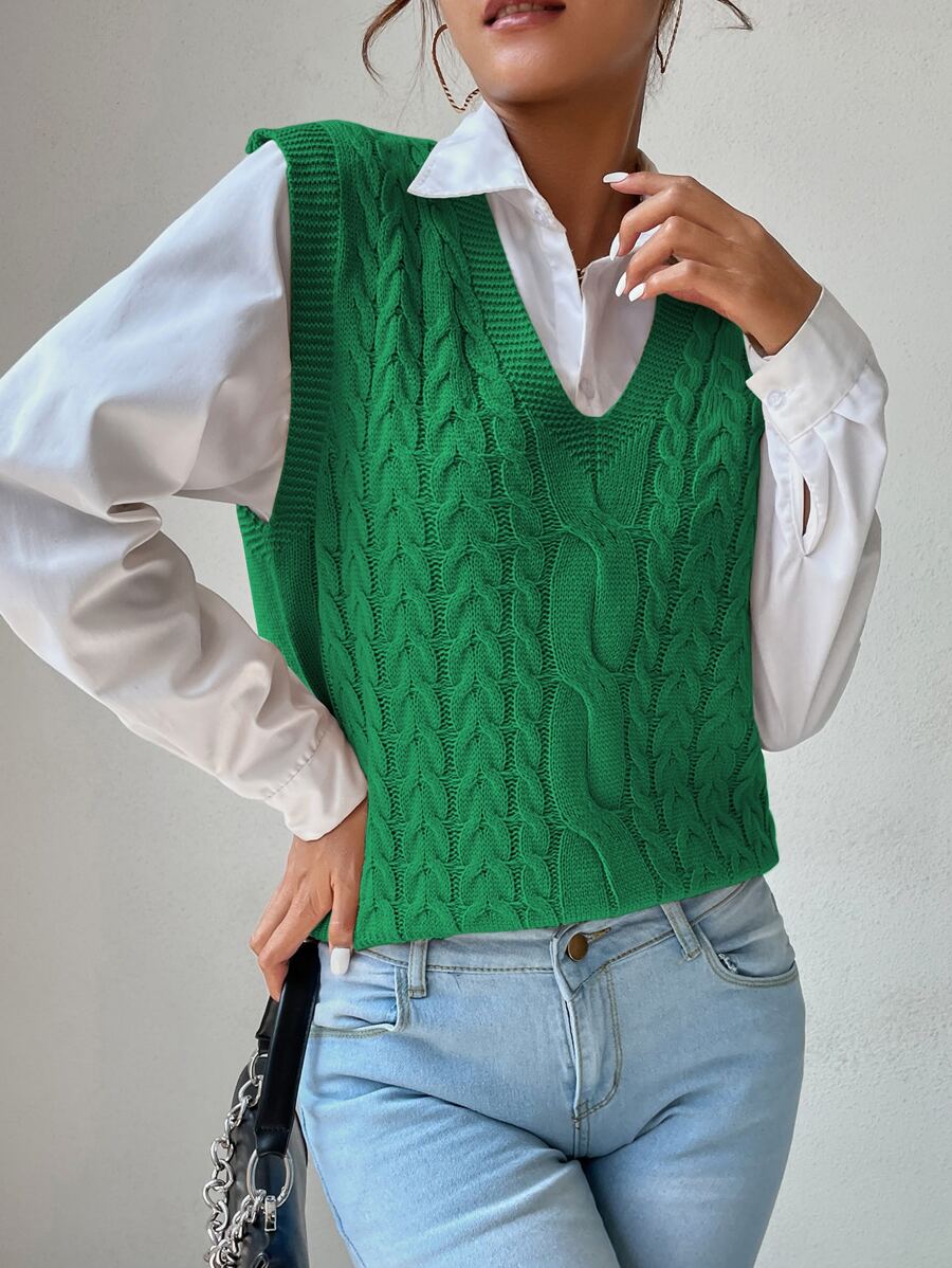 SHEIN Unity V Neck Cable Knit Sweater Vest - Green - View 1