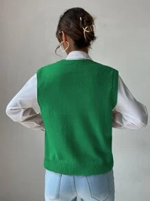 SHEIN Unity V Neck Cable Knit Sweater Vest - Green - View 2
