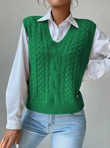 SHEIN Unity V Neck Cable Knit Sweater Vest - Green - View 3