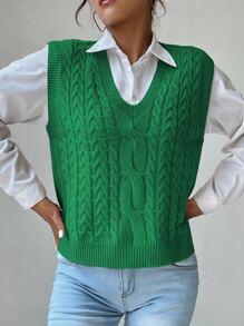 SHEIN Unity V Neck Cable Knit Sweater Vest - Green - View 4