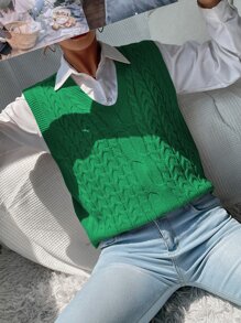 SHEIN Unity V Neck Cable Knit Sweater Vest - Green - View 6