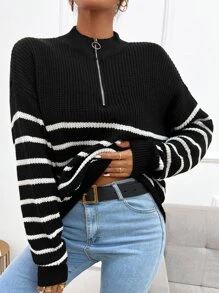 SHEIN Essnce Jersey de rayas de hombros caídos con cremallera delantera - Negro - Ver 3