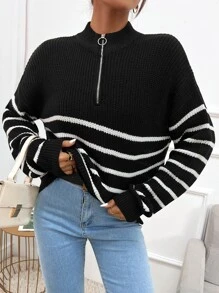 SHEIN Essnce Jersey de rayas de hombros caídos con cremallera delantera - Negro - Ver 5