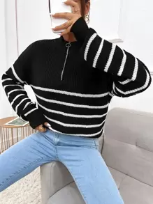SHEIN Essnce Jersey de rayas de hombros caídos con cremallera delantera - Negro - Ver 6