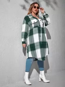 SHEIN Essnce Plus Plaid Flap Pocket Midi Coat Winter Fall Autumn - Multicolor - View 3