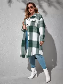 SHEIN Essnce Plus Plaid Flap Pocket Midi Coat Winter Fall Autumn - Multicolor - View 5