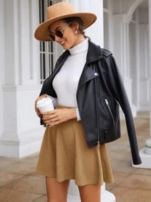 SHEIN Frenchy High Waist Textured Flare Skirt Winter Elegant - Khaki - View 5