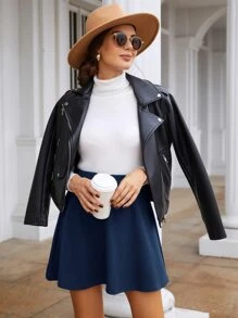 SHEIN Frenchy 高腰纹理喇叭裙 - 藏蓝色 - 查看 5