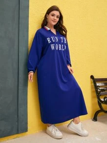 Mulvari Plus Slogan Graphic Drop Shoulder Striped Trim Dress - Royal Blue - View 3