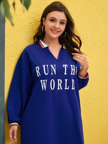 Mulvari Plus Slogan Graphic Drop Shoulder Striped Trim Dress - Royal Blue - View 2