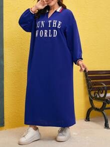 Mulvari Plus Slogan Graphic Drop Shoulder Striped Trim Dress - Royal Blue - View 5