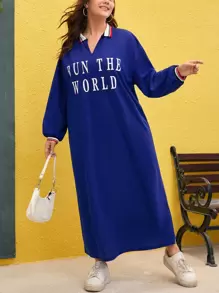 Mulvari Plus Slogan Graphic Drop Shoulder Striped Trim Dress - Royal Blue - View 1