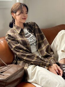 DAZY 格紋印花落肩袖襯衫 - 巧克力棕 - 查看 1