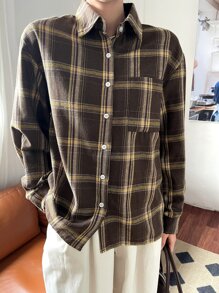 DAZY 格紋印花落肩袖襯衫 - 巧克力棕 - 查看 2