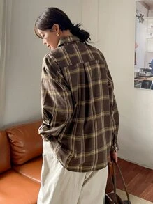 DAZY 格紋印花落肩袖襯衫 - 巧克力棕 - 查看 3