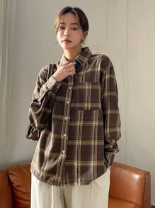 DAZY 格紋印花落肩袖襯衫 - 巧克力棕 - 查看 5