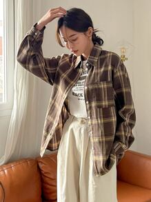 DAZY 格紋印花落肩袖襯衫 - 巧克力棕 - 查看 7