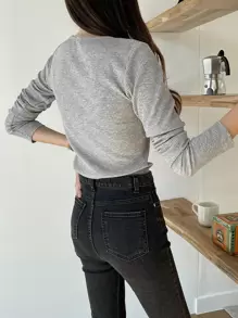 DAZY Áo thun dệt kim trơn, quần áo mùa thu dài tay cho nữ - Xám - Xem 2