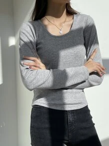 DAZY Áo thun dệt kim trơn, quần áo mùa thu dài tay cho nữ - Xám - Xem 3