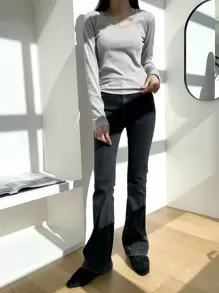 DAZY Áo thun dệt kim trơn, quần áo mùa thu dài tay cho nữ - Xám - Xem 5