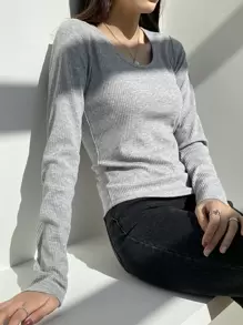 DAZY Áo thun dệt kim trơn, quần áo mùa thu dài tay cho nữ - Xám - Xem 6