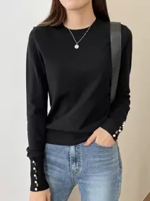DAZY Button Cuff Round Neck Jumper - Black - View 1