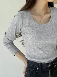 DAZY Áo thun dệt kim trơn, quần áo mùa thu dài tay cho nữ - Xám - Xem 7