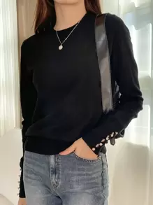 DAZY Button Cuff Round Neck Jumper - Black - View 3